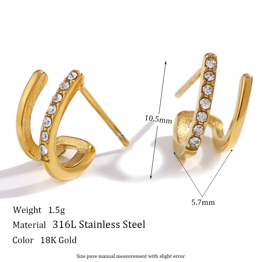 Wholesale Fashion Design Light Luxury Temperament Stainless Steel 18K Plated Mini Double-layer Zirconium Stud Earrings