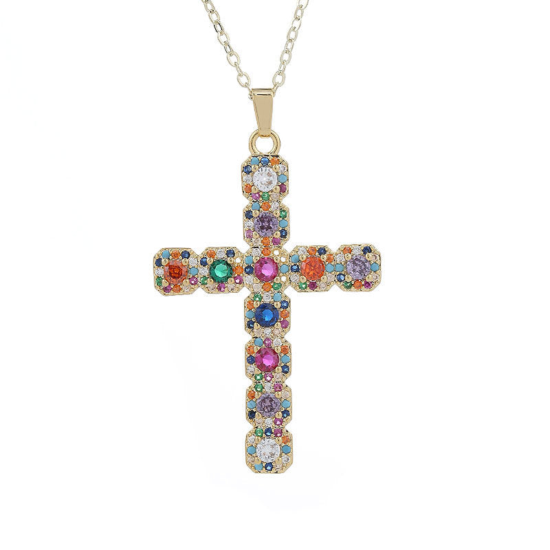 Wholesale Gut Light Luxury Copper Plated Real Gold Cross Necklace Super Flash Inlaid Zircon Ladies Necklace