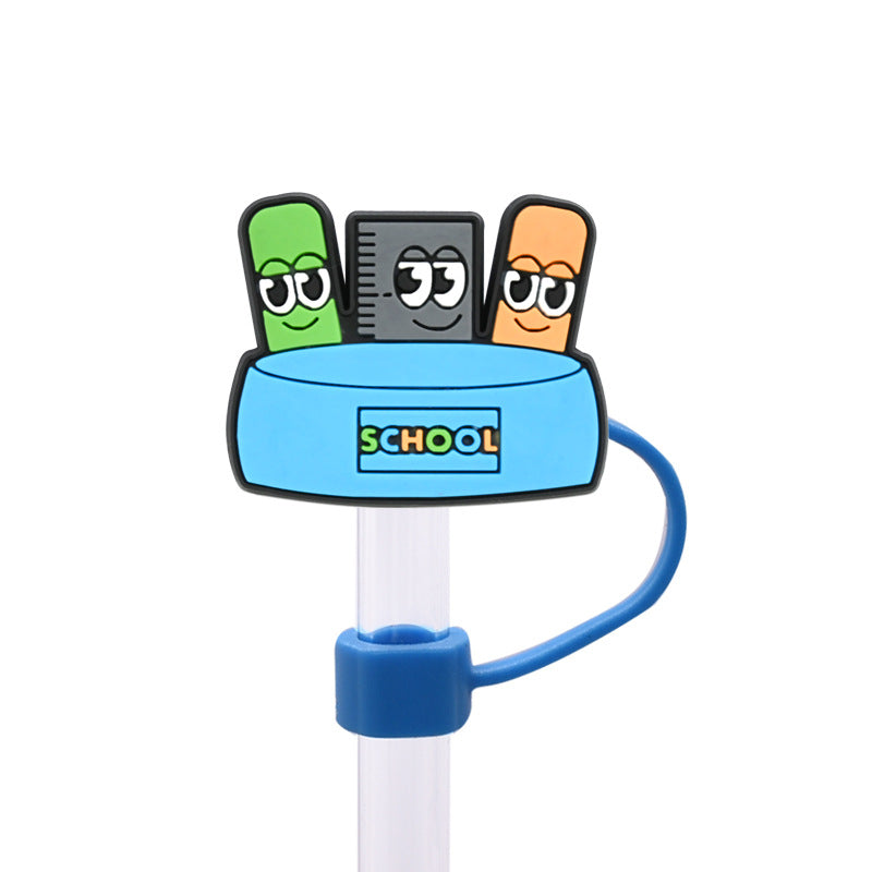 Wholesale Random 100pcs/pack  School Series Dust Stopper Straw Hat Straw Tube Cap