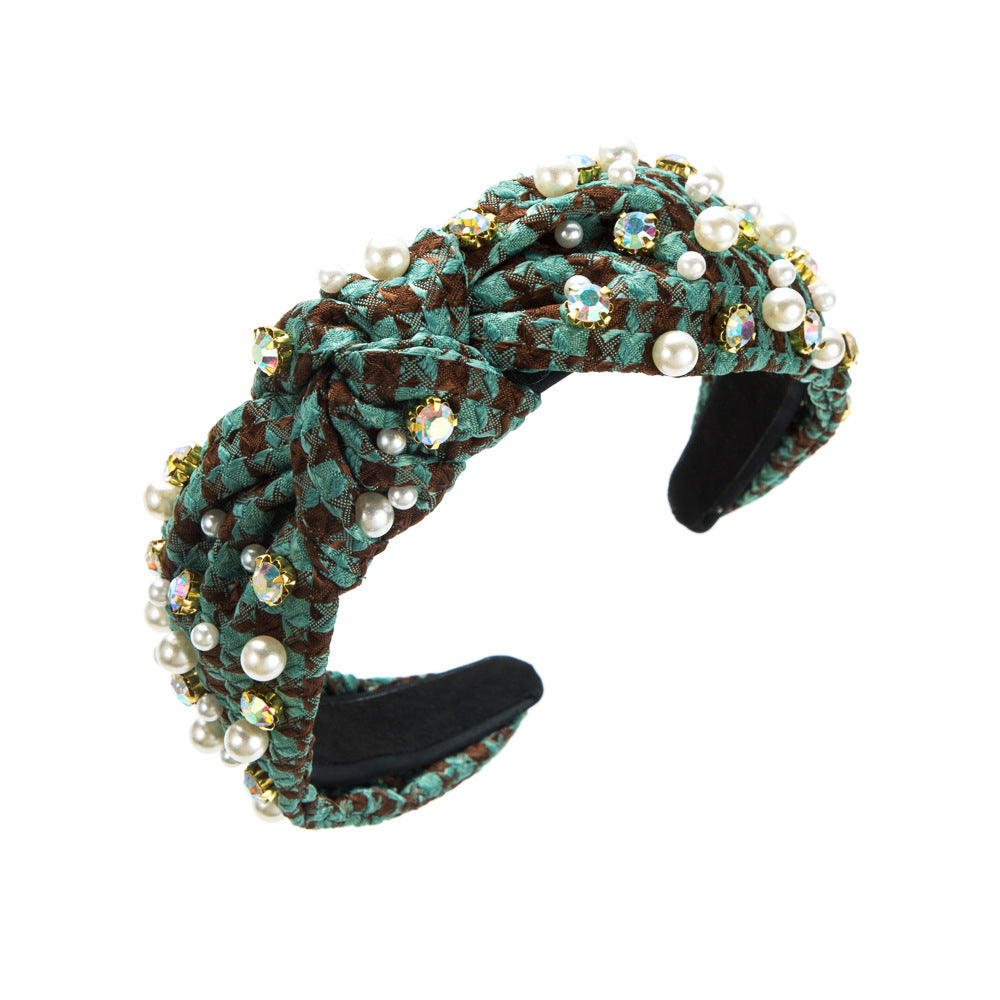 Wholesale Vintage Diamond Pearl Plaid Fabric Headband