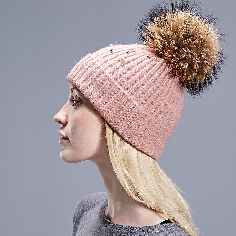 Wholesale Pearl Beanie Beanie Rolled Edge Wool Ball Knitted Hat