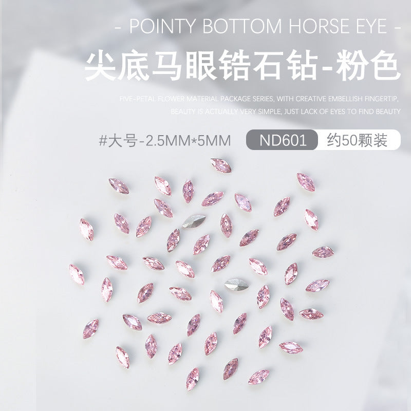 Wholesale 50pcs nail art pointed bottom diamond 5A zircon large, medium and small horse eye diamond special shaped diamond nail decoration