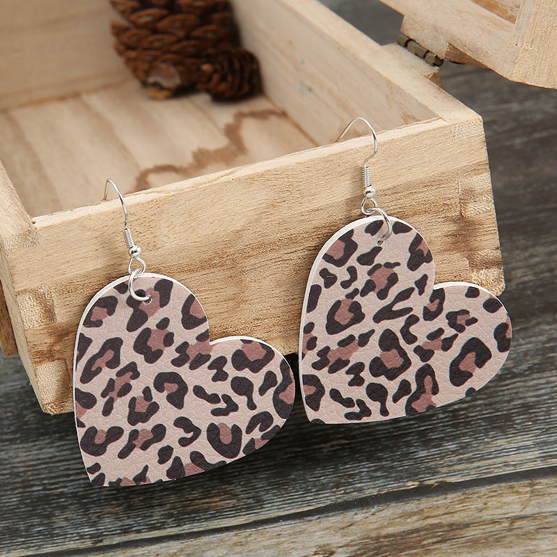 Wholesale Valentine's Day Love Double Sided Leopard Pattern Leather Earrings