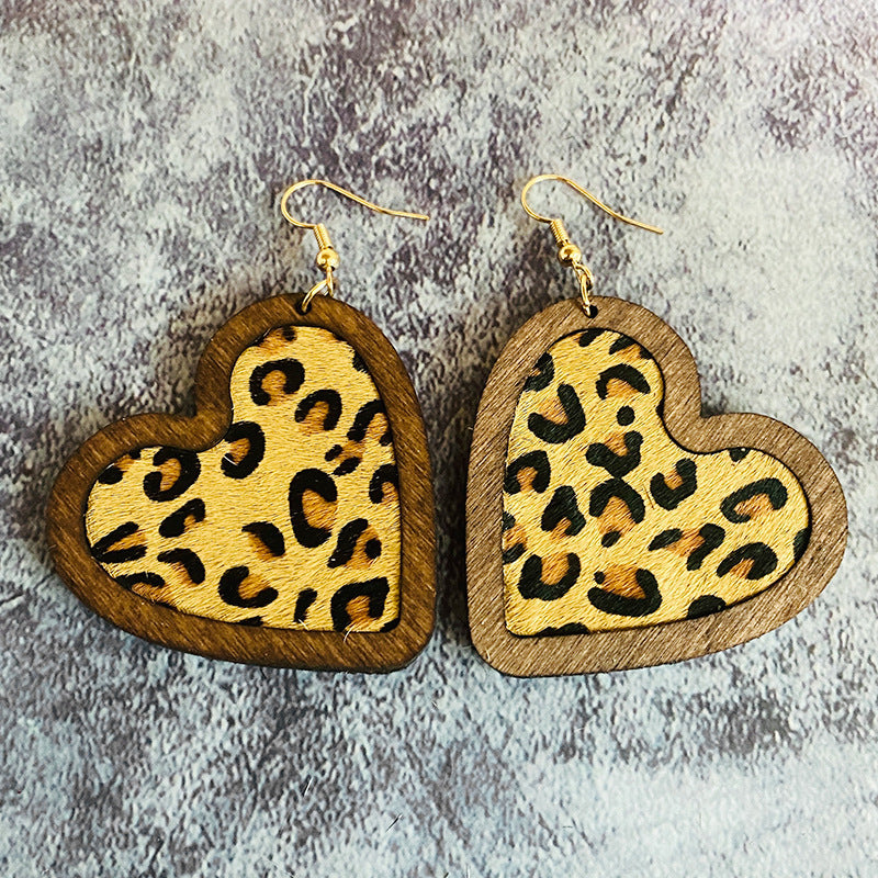 Wholesale Valentine's Day Genuine Leather Heart Leopard Print Horsehair Inlaid with Wooden Classic Retro Earrings