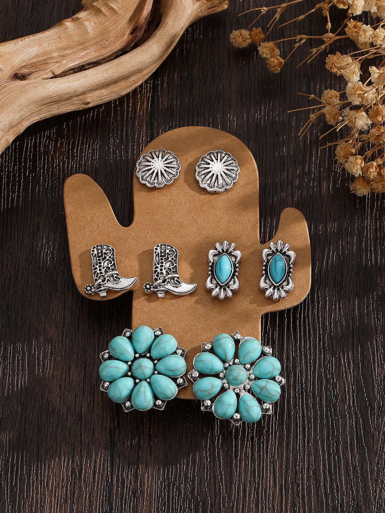 Wholesale 4 Pairs Blue Vintage Bohemian Ethnic Earrings Alloy Electroplated Stylish Jewelry Accessory For Party And Everyday Wear