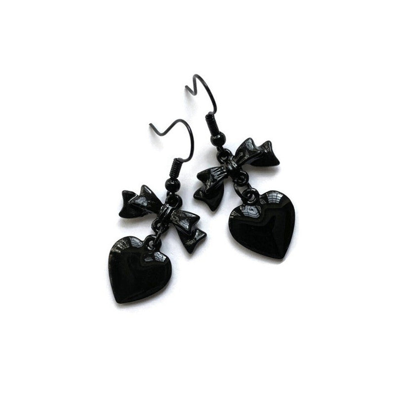 Wholesale Black Heart Shaped Black Bow Alloy Earrings