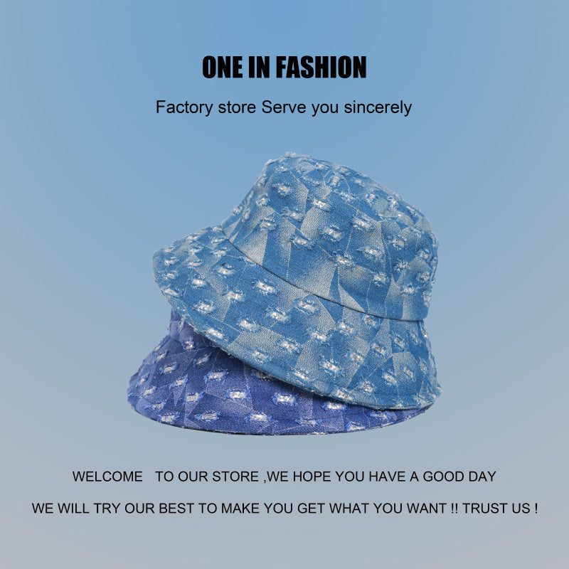 Wholesale Distressed Vintage Washed Denim Bucket Hat Versatile Sequined Diamond Hat