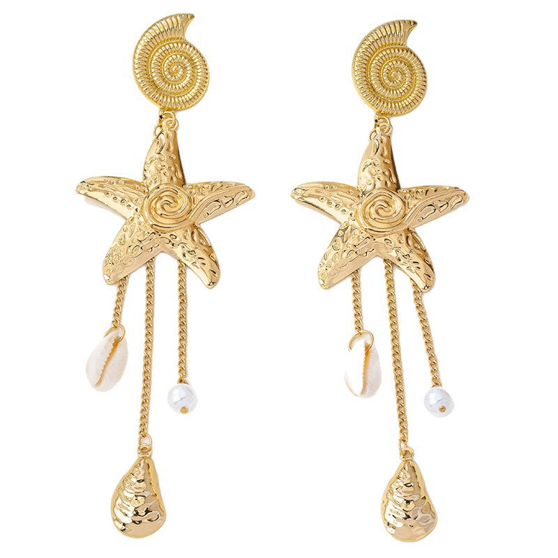 Wholesale Fashion Alloy Starfish Conch Earrings Bohemian Imitation Pearl Long Tassel Jewelry Accessory