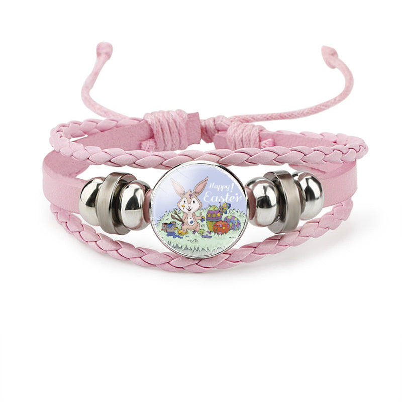 Wholesale Easter Rabbit Time Gemstone Pink Leather Multi Layer Woven Bracelet