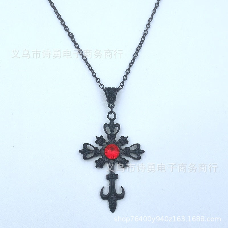 Wholesale Gothic Dark Vintage Ruby Cross Necklace