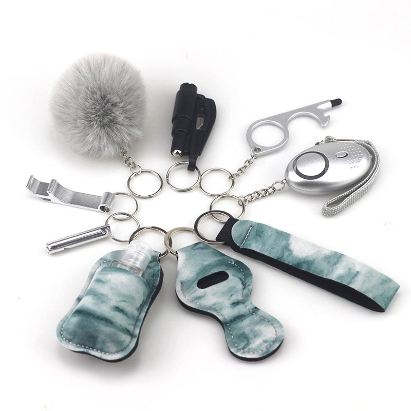 Wholesale Bottle Opener Whistling Hand Sanitizer Leather Case Wool Ball Key Chain Set