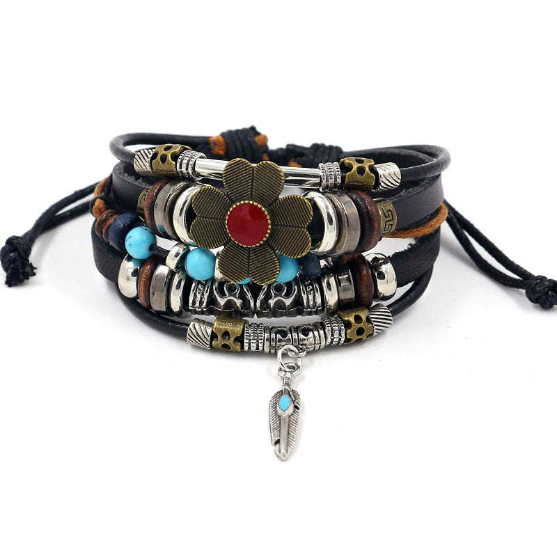Wholesale alloy anchor cowhide bracelet turquoise beaded multi-layer braided bracelet