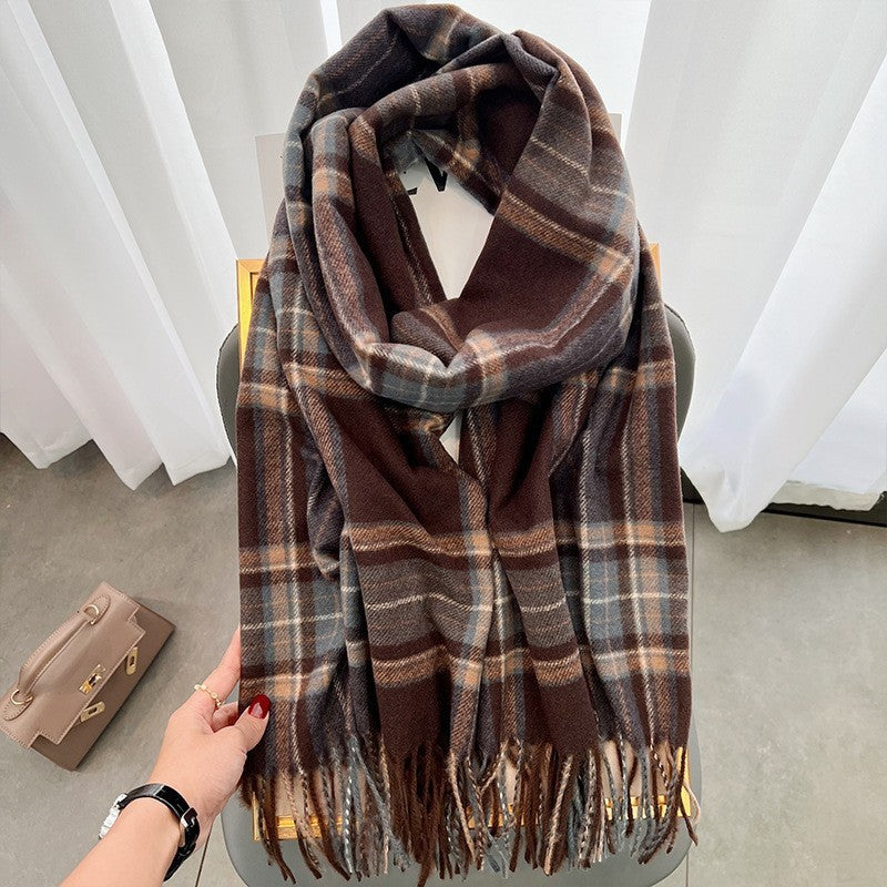 Wholesale Korean Version Winter Imitation Cashmere Retro Grid Japanese Tassel Shawl Warm Scarf
