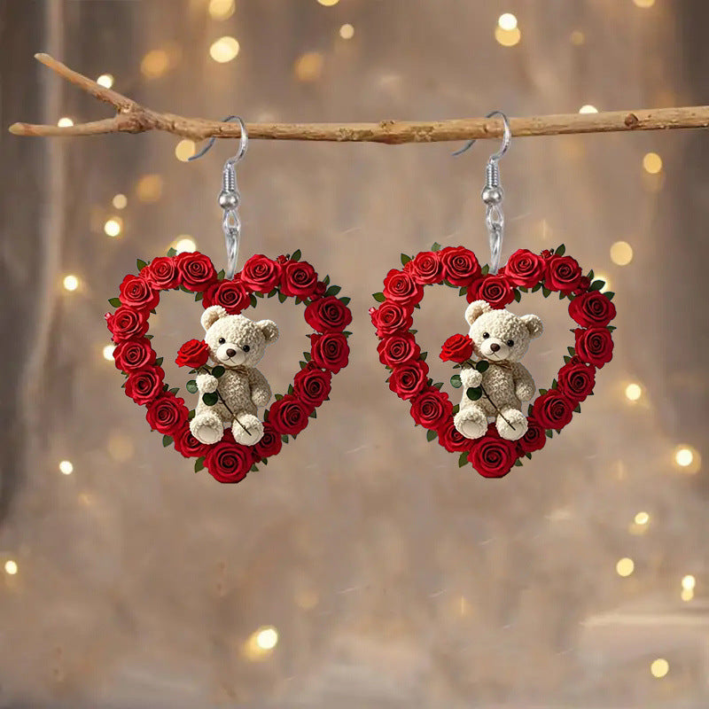 Wholesale Acrylic Rose Bear Heart Earrings