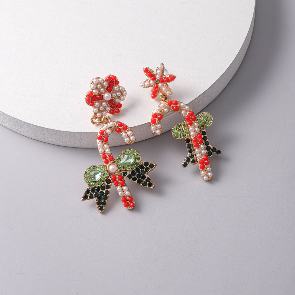 Wholesale Christmas Walking Stick Alloy Diamond and Rice Bead Earrings