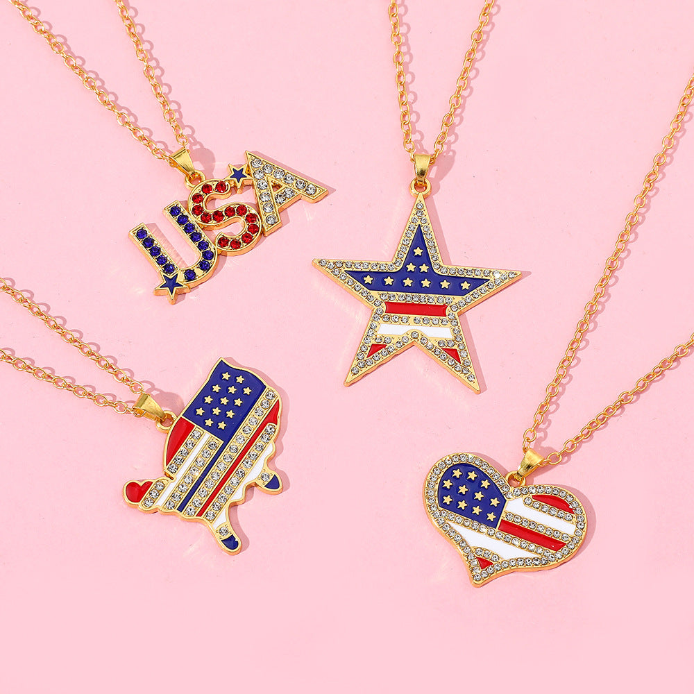 Wholesale American Independence Day Flag Five Pointed Star Diamond Alloy Necklace