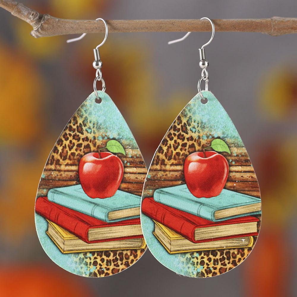 Wholesale Teacher Apple Leopard Leather Drop Earrings