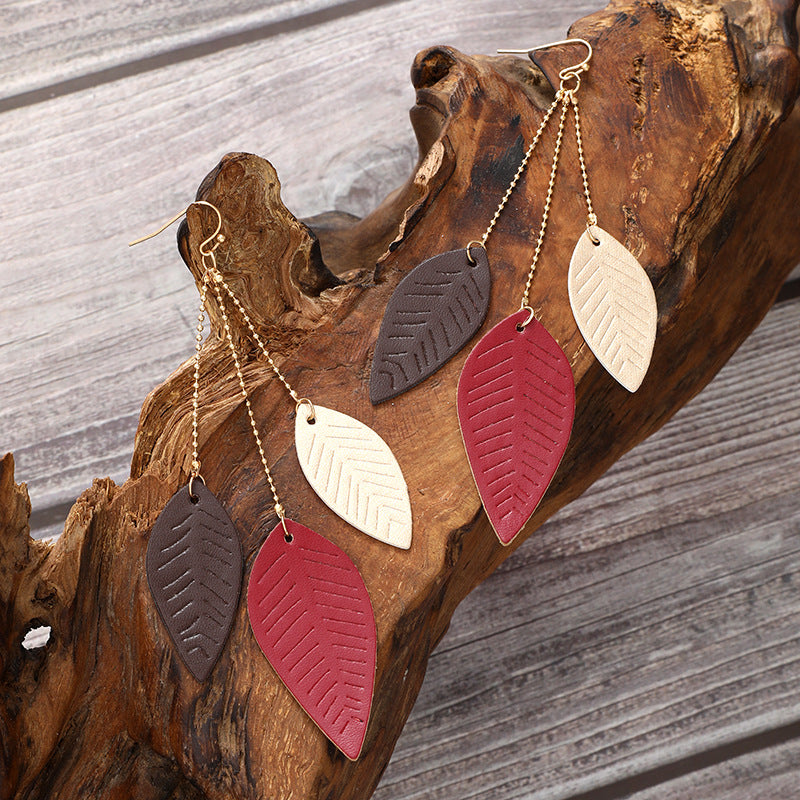 Wholesale Cowhide Leaf Artificial Leather Leaf Earrings
