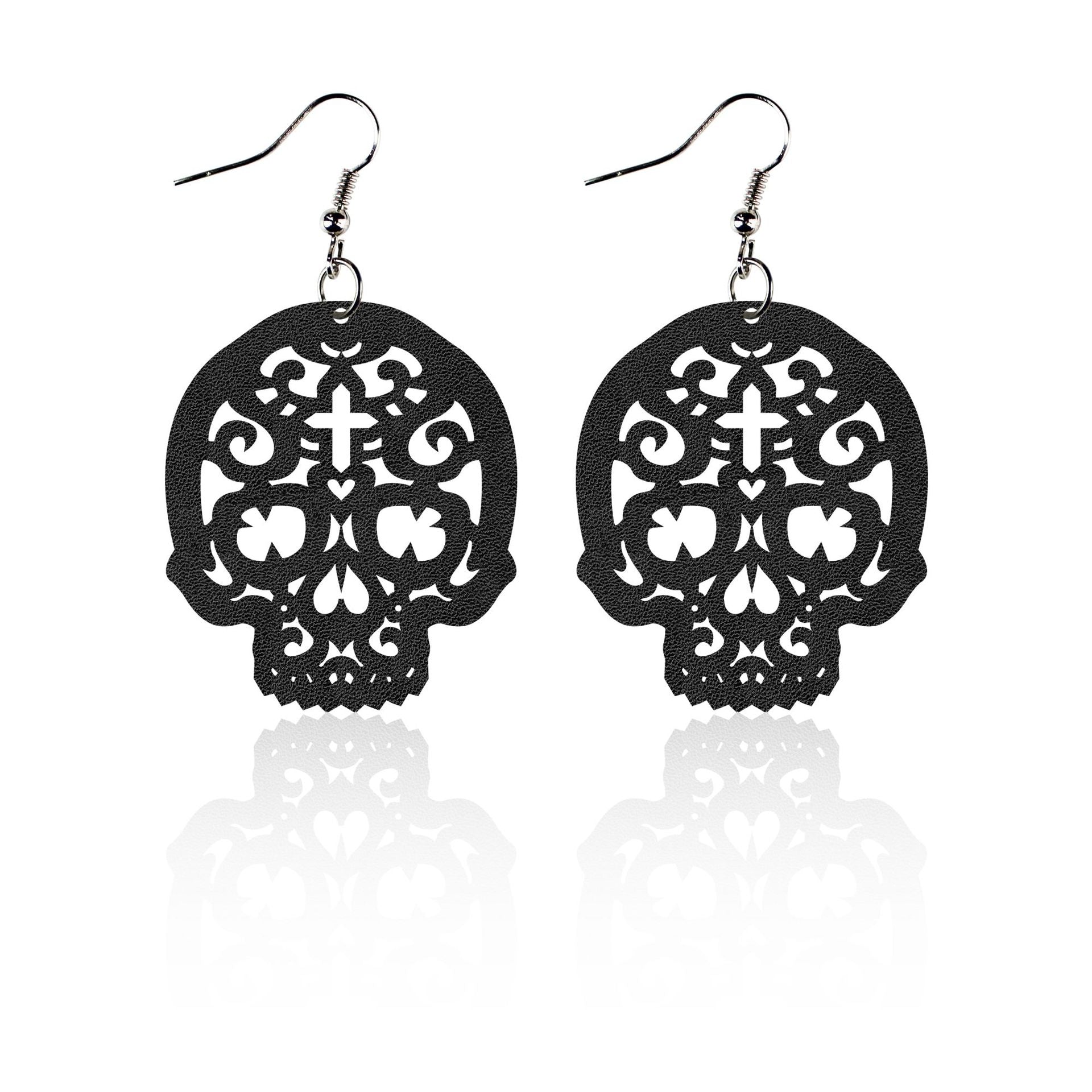 Wholesale Black Cat Skull Bat Leather Earrings