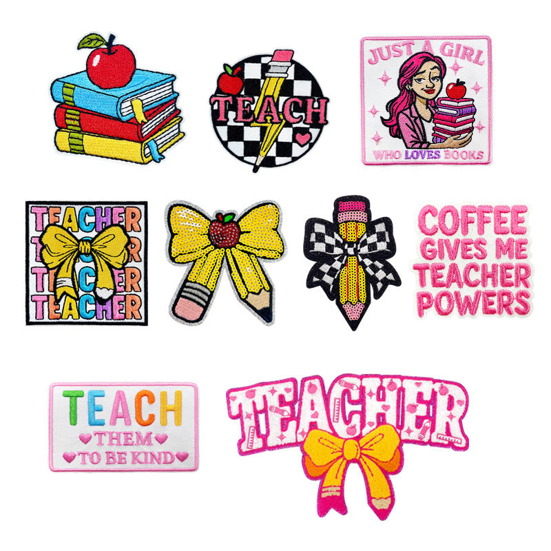 Wholesale Stylish Teacher S Day Embroidered Patch Set With Pencil Bow Designs Polyester Iron On Applique For et DIY Accessory