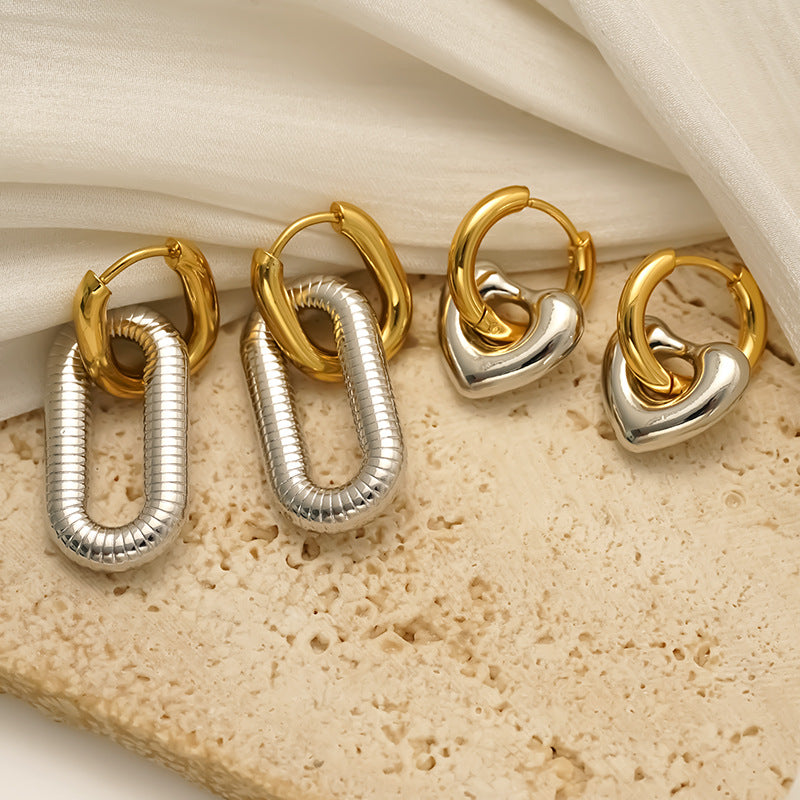Wholesale Detachable Color-Blocked Peach Heart Threaded Oval Stainless Steel Earrings