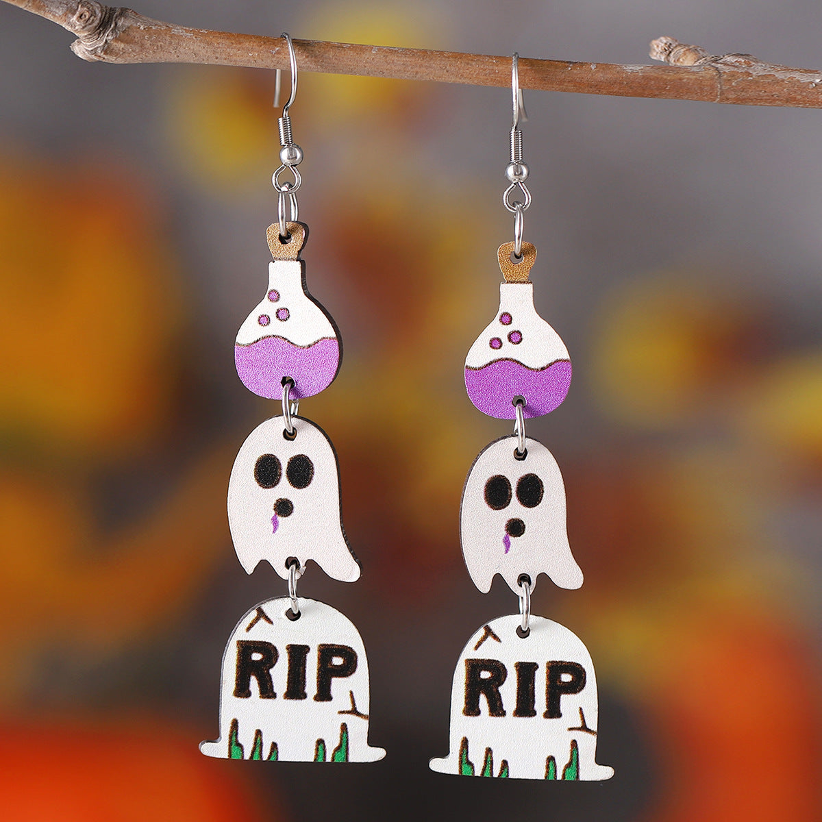 Wholesale Halloween Gothic Style Cute Ghost Tassel Stitching Wooden Double-sided Earrings