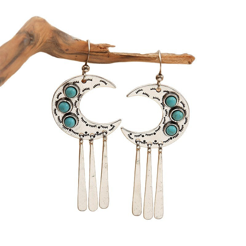 Wholesale Alloy Silver Crescent Turquoise Tassel Earrings Western Retro Boho Chic Jewelry Accessory For Party Gift
