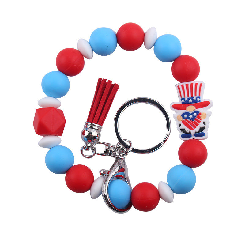 Wholesale Leather Tassel Independence Day Silicone Bead Bracelet Keychain