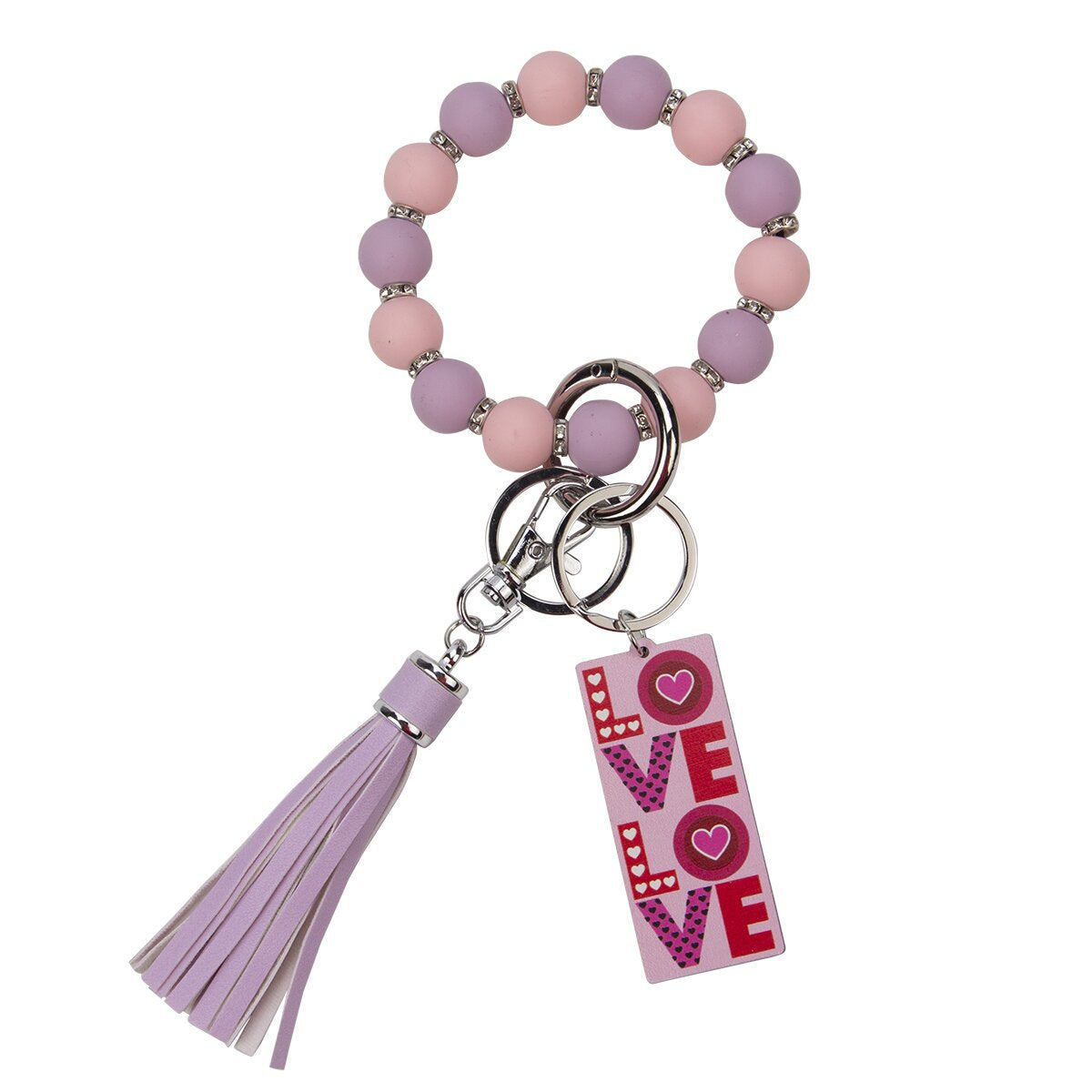 Wholesale Valentine's Day LOVE Colorful Love Wood Silicone Beaded Wrist Keychain