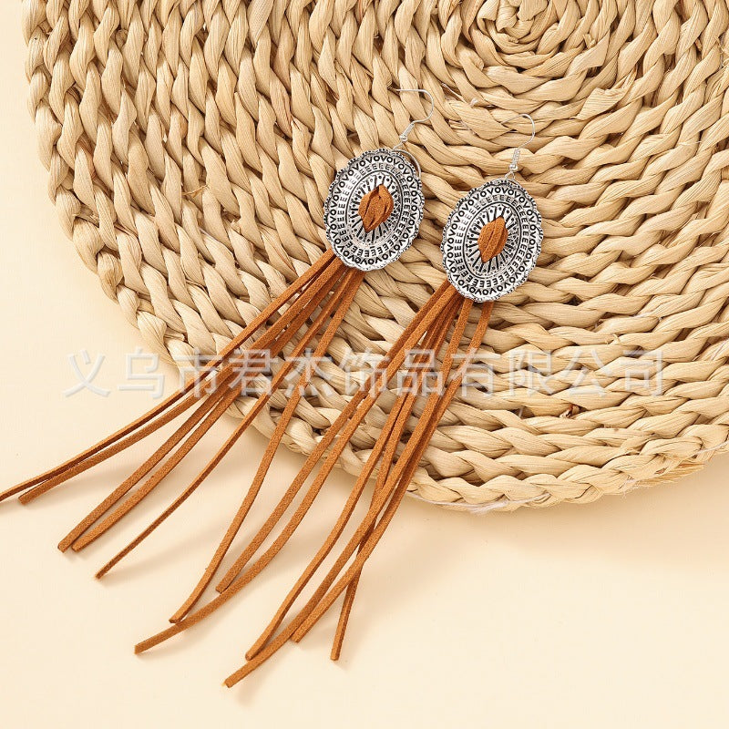 Wholesale Vintage Long Leather Tassel Bohemian Earrings