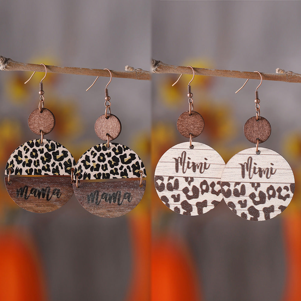 Wholesale Mother' s Day Leopard Round Pieces ing Pendant Wooden Earrings