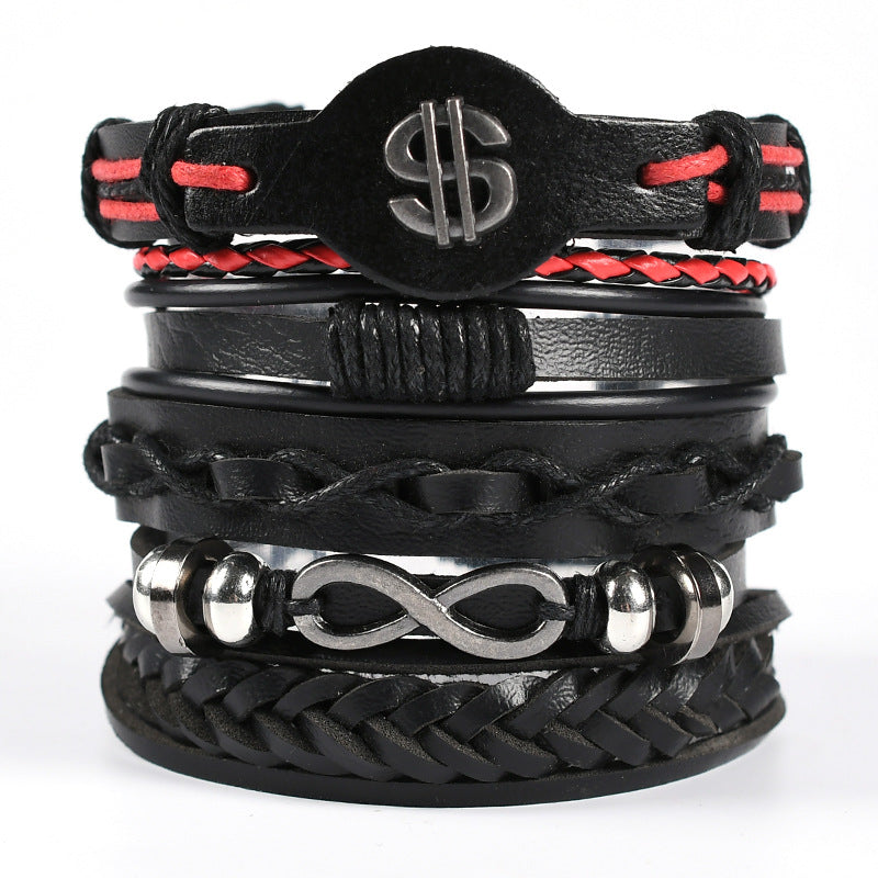 Wholesale Men's Braided Leather Bracelet Multi-layer Set Skull Bracelet