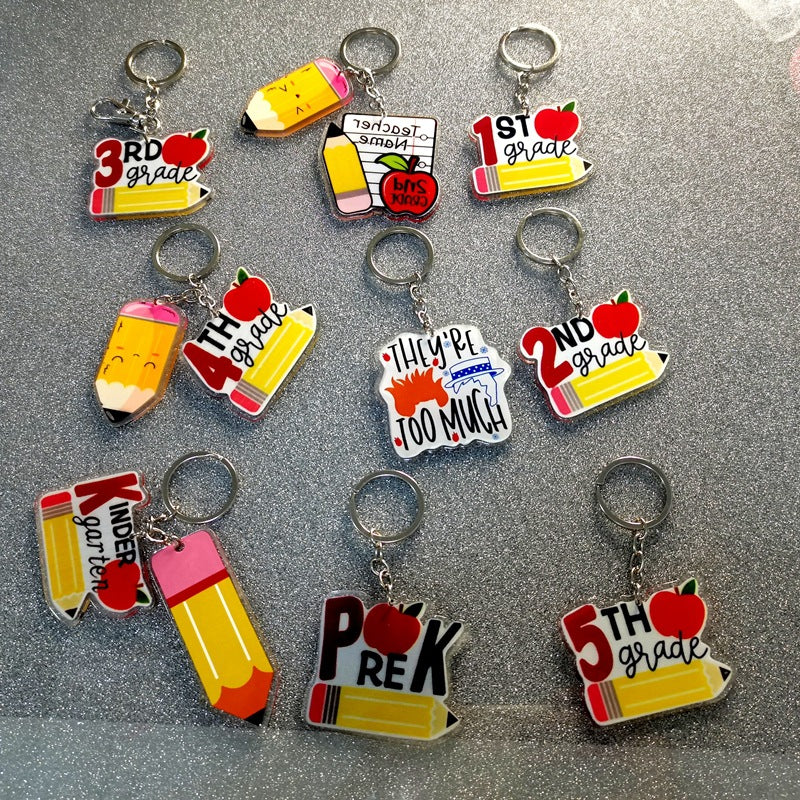 Wholesale Acrylic Teacher's Day Backpacks, Pencils, Smiling Faces, Keychain Pendants
