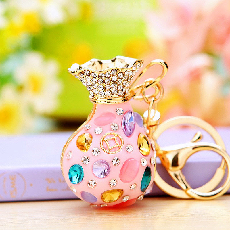 Wholesale Metal Pink Rhinestone Lucky Bag Keychain Chinese Style Car Key Accessory For Women Gift