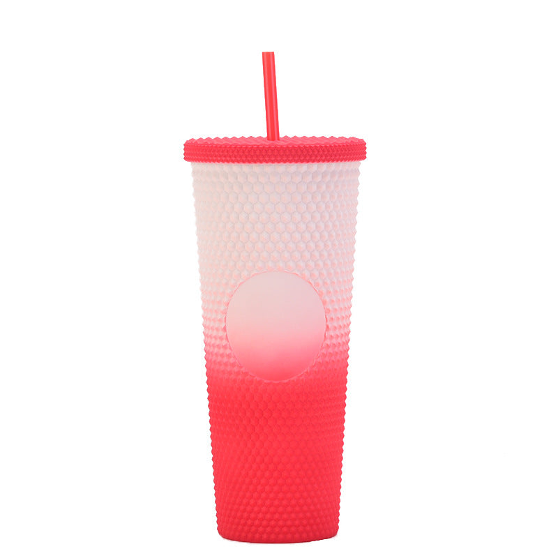 Wholesale Double-layer Plastic 710ml Durian Prick Hand Luminous Color Changing Rainbow Gradient Straw Cup