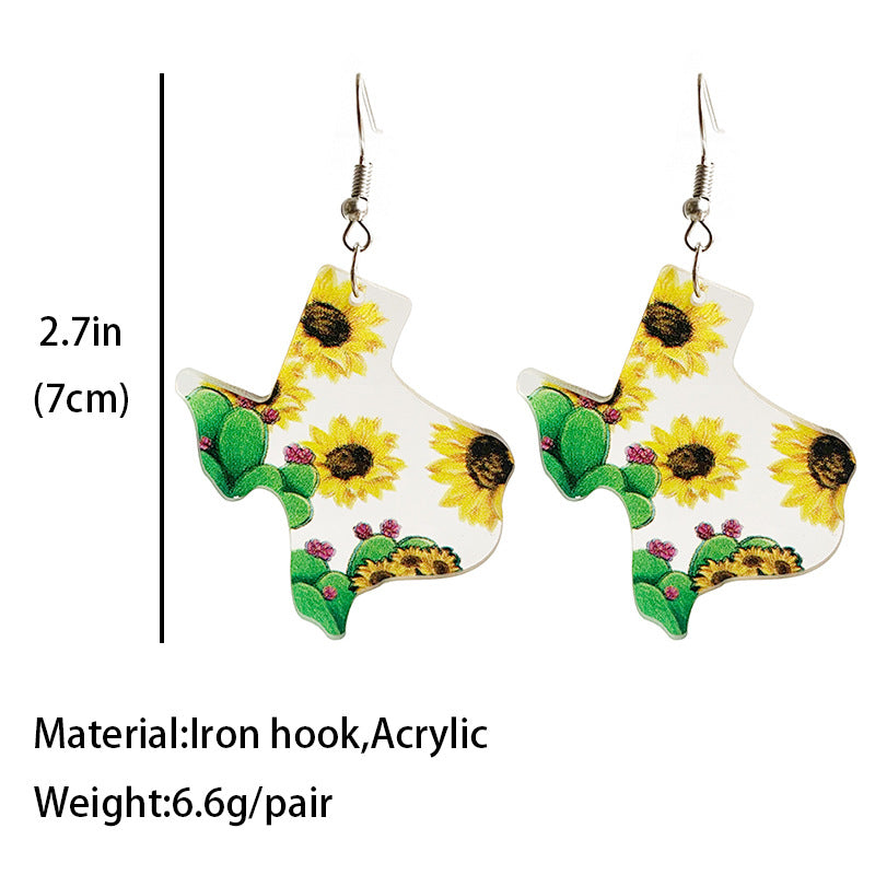 Wholesale USA Texas Map Sunflower Cactus Print Western Style Acrylic Earrings