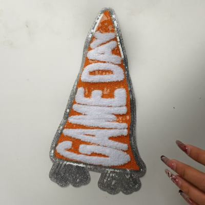Wholesale Boutique Large Triangular Game Day Glitter Embroidered Patch Orange Iron On DIY Applique Fashion Accessory