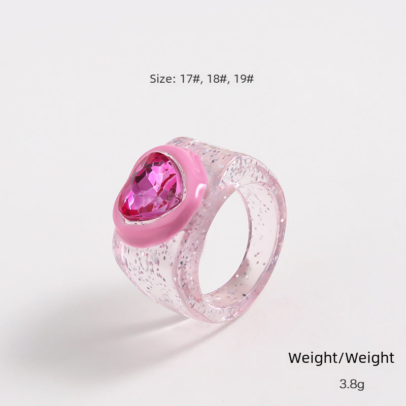 Wholesale Valentine's Day Resin Heart Peach-Based Oil-Dotted Diamond Ring