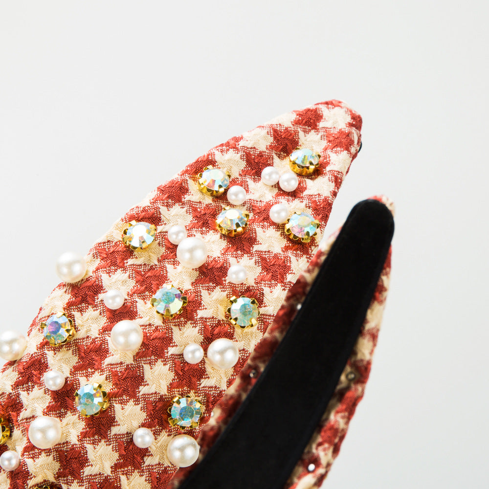 Wholesale Vintage Diamond Pearl Plaid Fabric Headband
