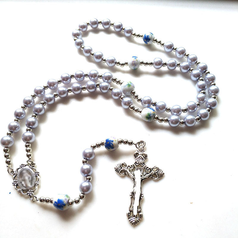 Wholesale Ceramic Rose Glass Pearl Pendant Men's and Women's Versatile Sweater Chain