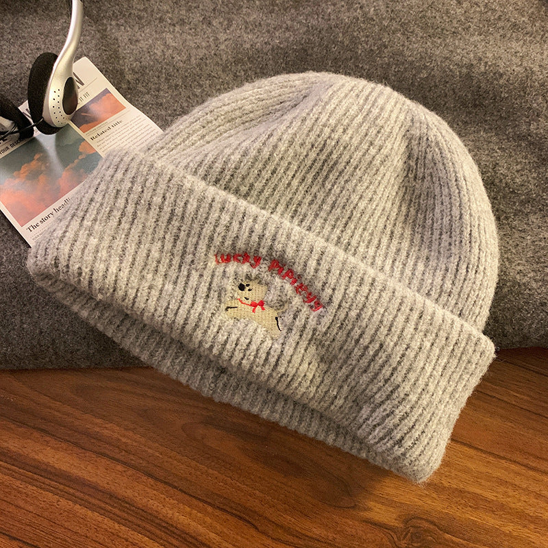 Wholesale Cute puppy embroidered warm woolen hat Beanie