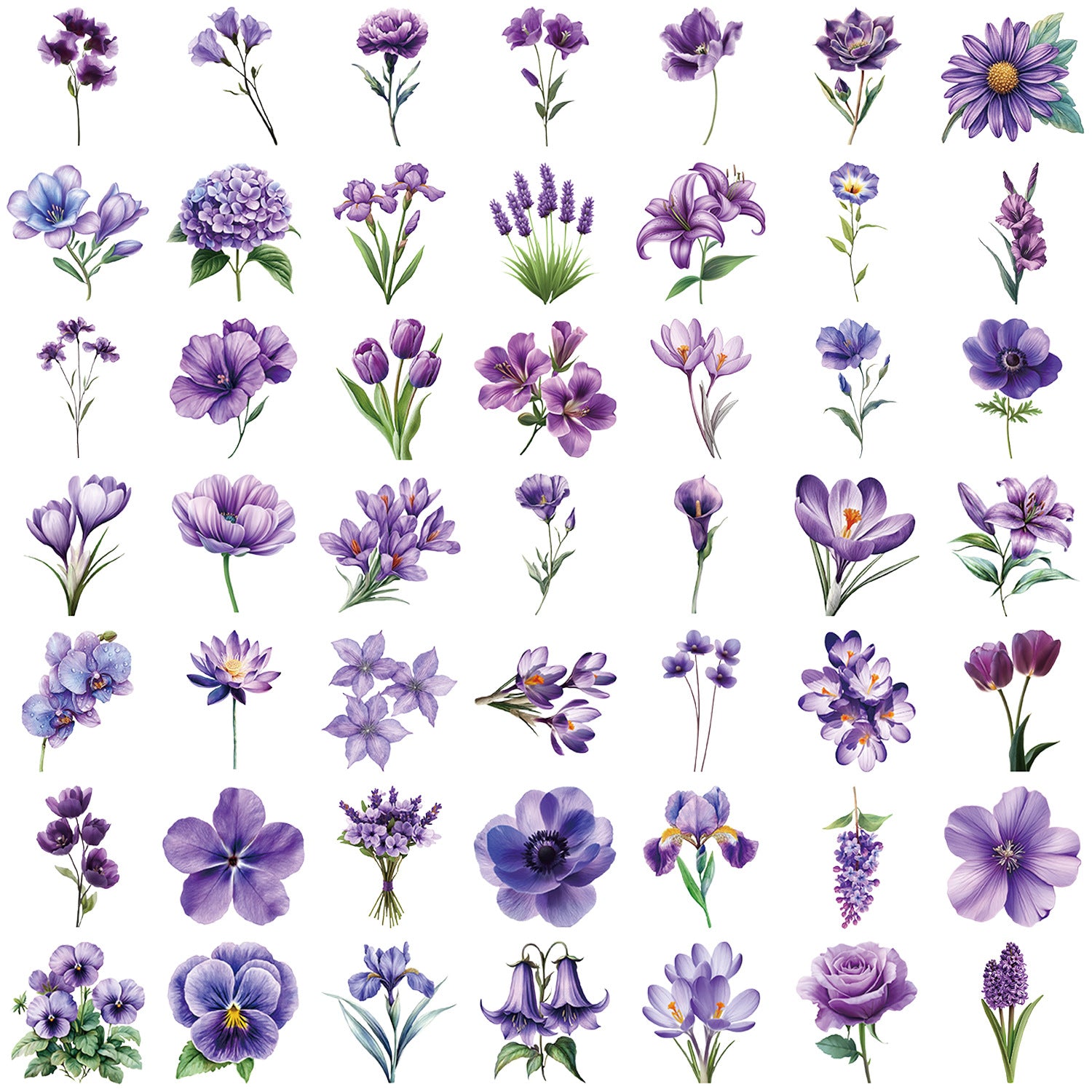 Wholesale 50pcs/pack Transparent Cartoon Purple Flower Sticker Pack Waterproof Transparent PET Hand Account Material Decorative Guitar Notebook