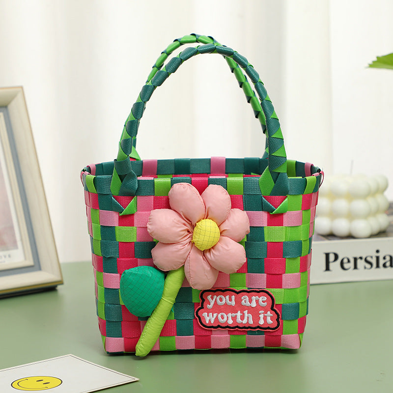Wholesale Children's flower cute summer beach colorful literary hand-woven handbag