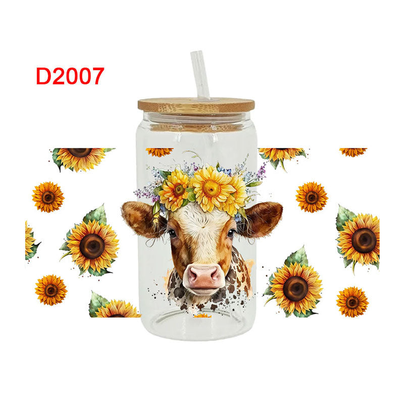 Wholesale Colorful Flower Cow   16oz Cup UV DTF Wraps