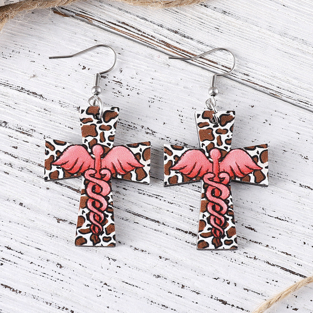Wholesale Cross Leopard Angel Pendant Earrings Double-sided Earring Gift