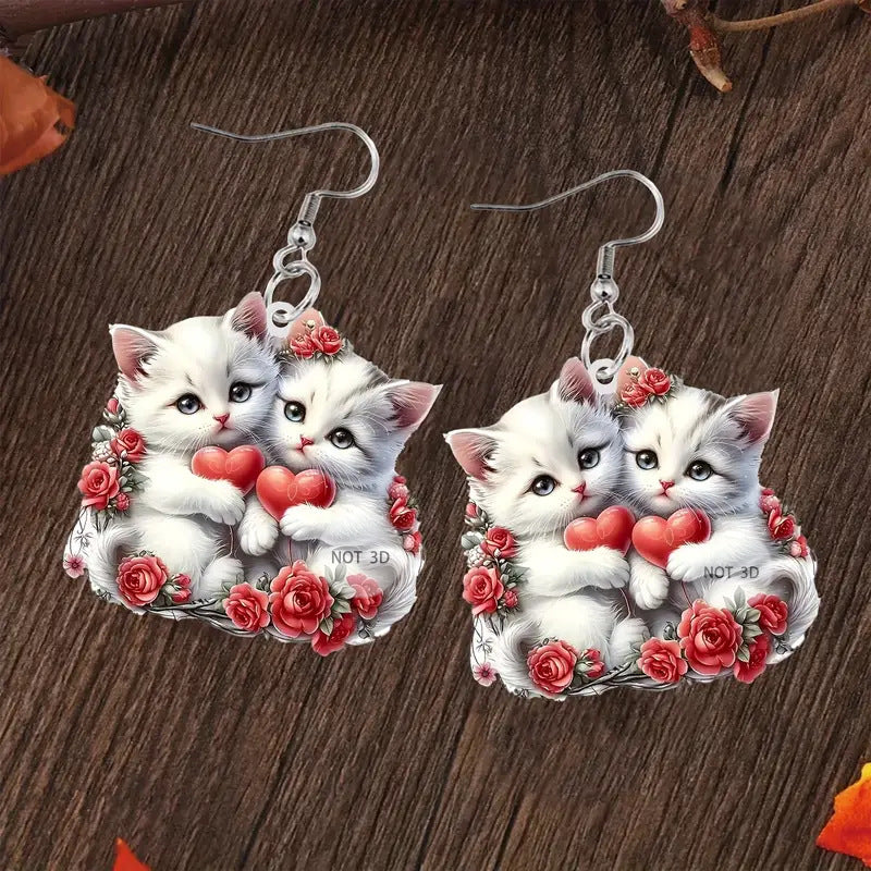 Wholesale Valentine' s Day Red and White Kitten Acrylic Earrings