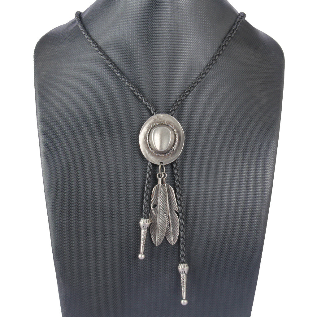 Wholesale Western style feather bolo braided leather alloy pendant necklace