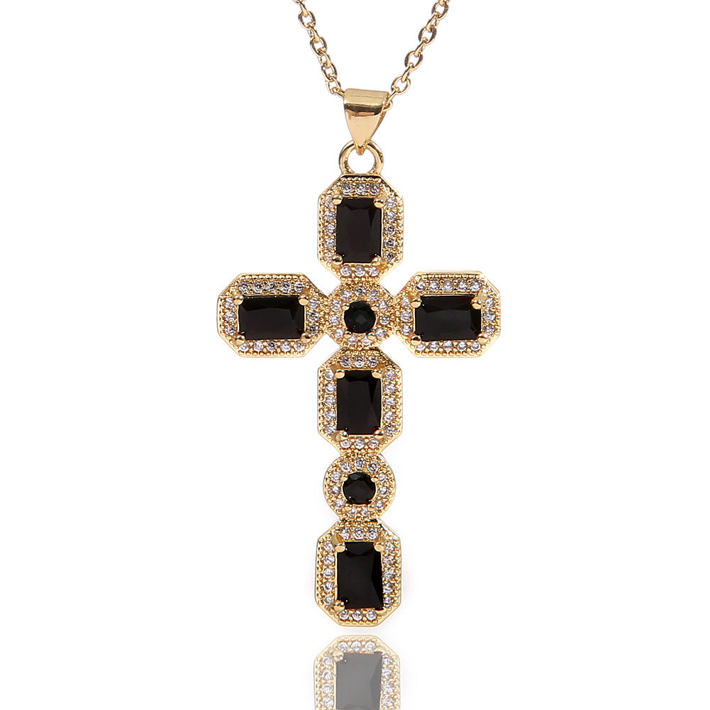 Wholesale  Religious Inlaid Zircon Cross Pendant Copper Necklace