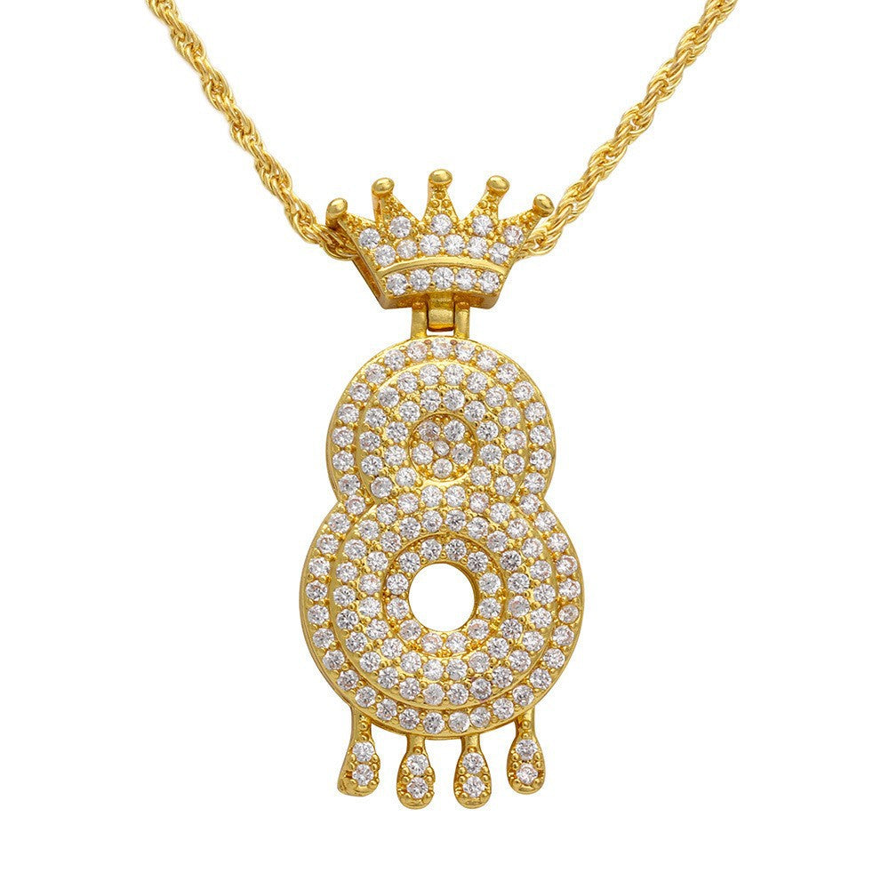 Wholesale Lucky Number Zircon Full Diamond Crown Pendant Necklace