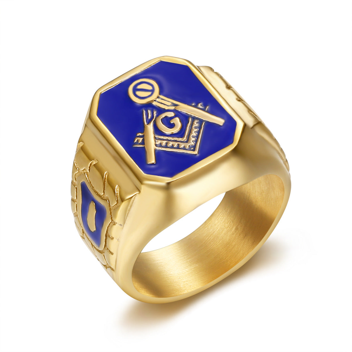 Wholesale Titanium steel gold plated blue glue Masonic hip hop style Ring